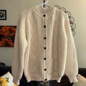 Pure New Wool Irish Chunky Cable Knit Fisherman Cardigan Cream Vintage Large